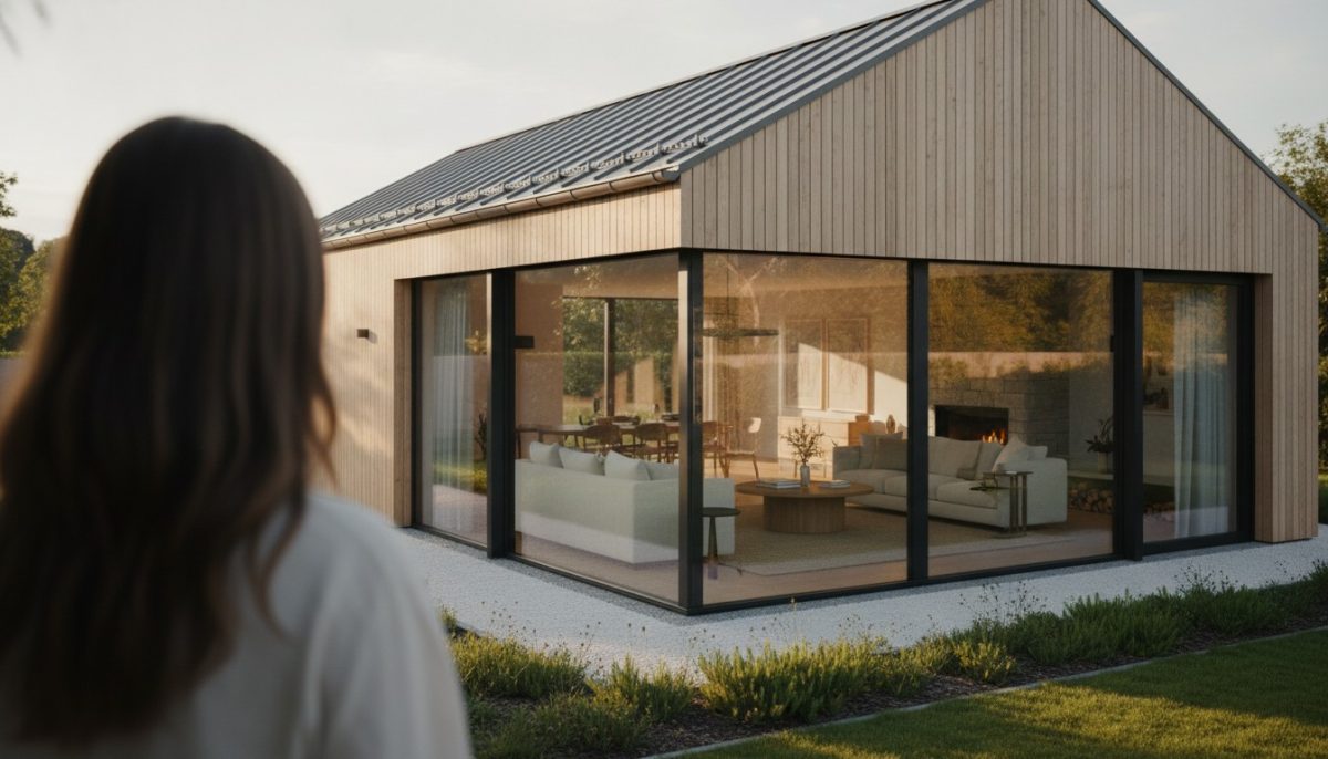 Maison scandinave bois avec grandes fenêtres Maison scandinave bois avec grandes fenêtres